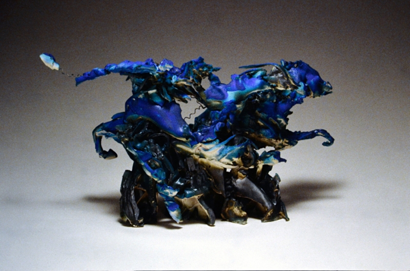 Gallop, barium cobalt glazed earthenware over kiln wire armature. 13x21x9"