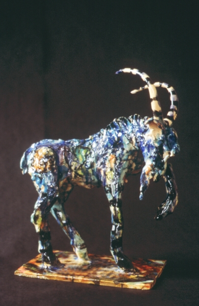 Blue Goat, glazed earthenware. 14x13x6" Private Collection